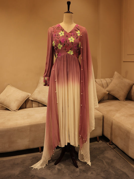 Mauve shaded handpainted kurta pants dupatta