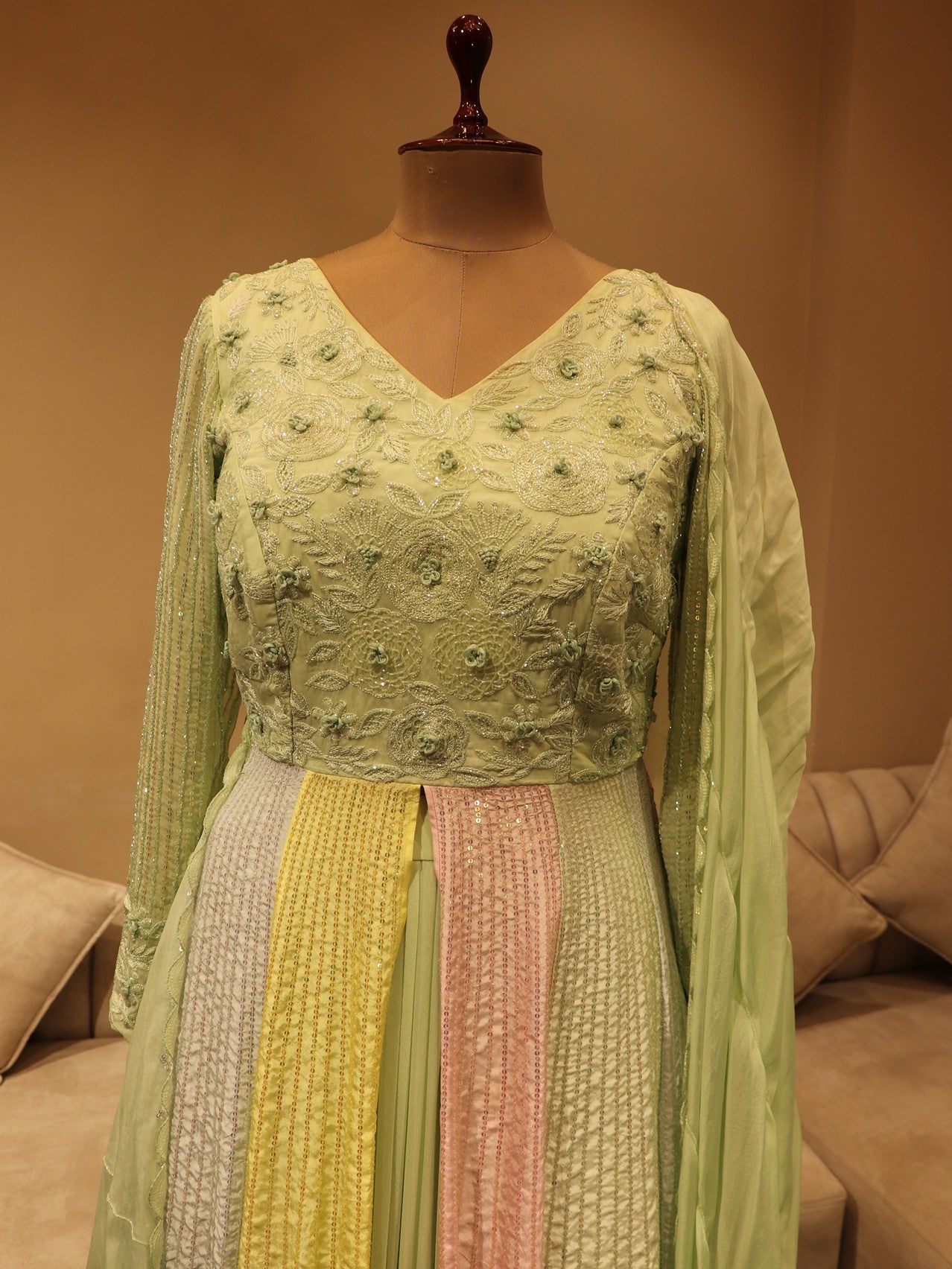 Mint green shreenathji pichwai handpainted top skirt with dupatta