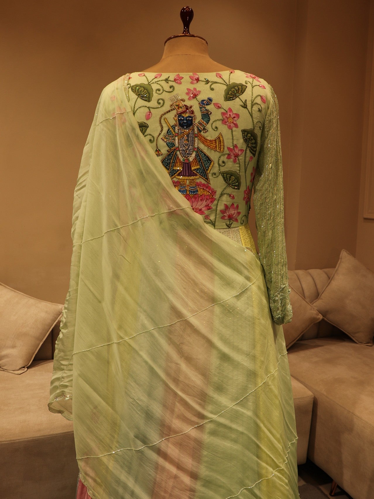 Mint green shreenathji pichwai handpainted top skirt with dupatta