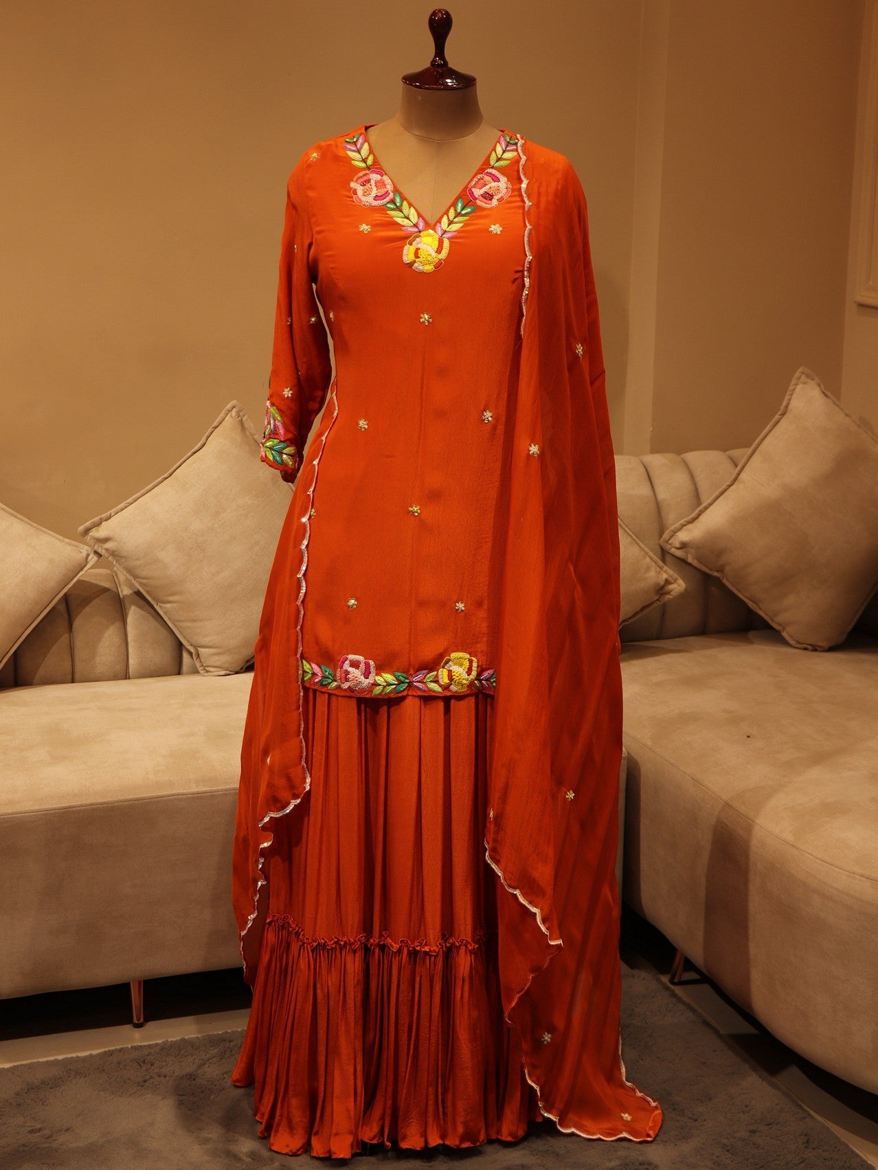 Papaya orange kurta sharara skirt dupatta