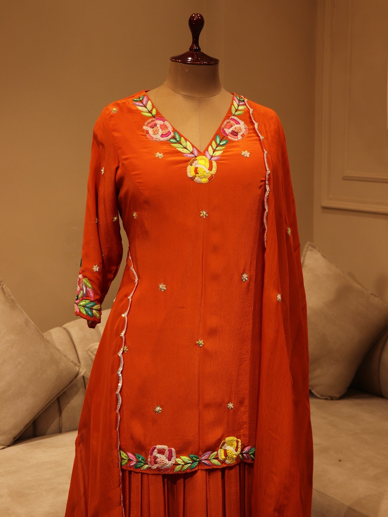 Papaya orange kurta sharara skirt dupatta