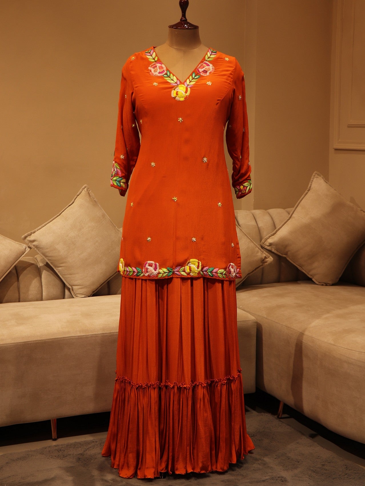 Papaya orange kurta sharara skirt dupatta