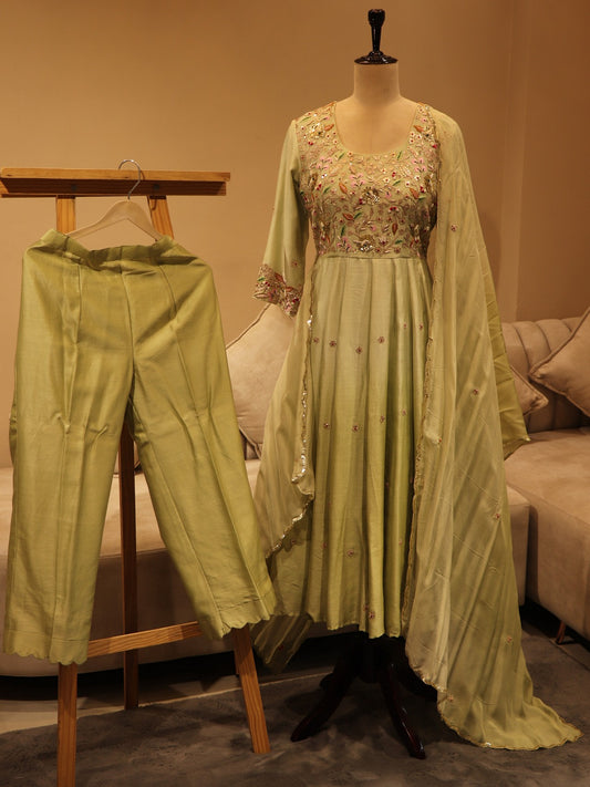 Pista Green shaded anarkali with pants dupatta