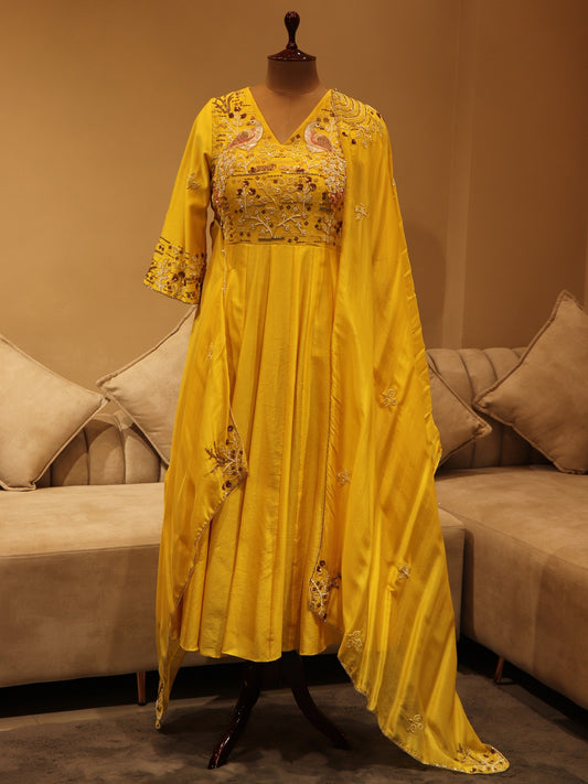 Yellow peacock anarkali with plazo and dupatta