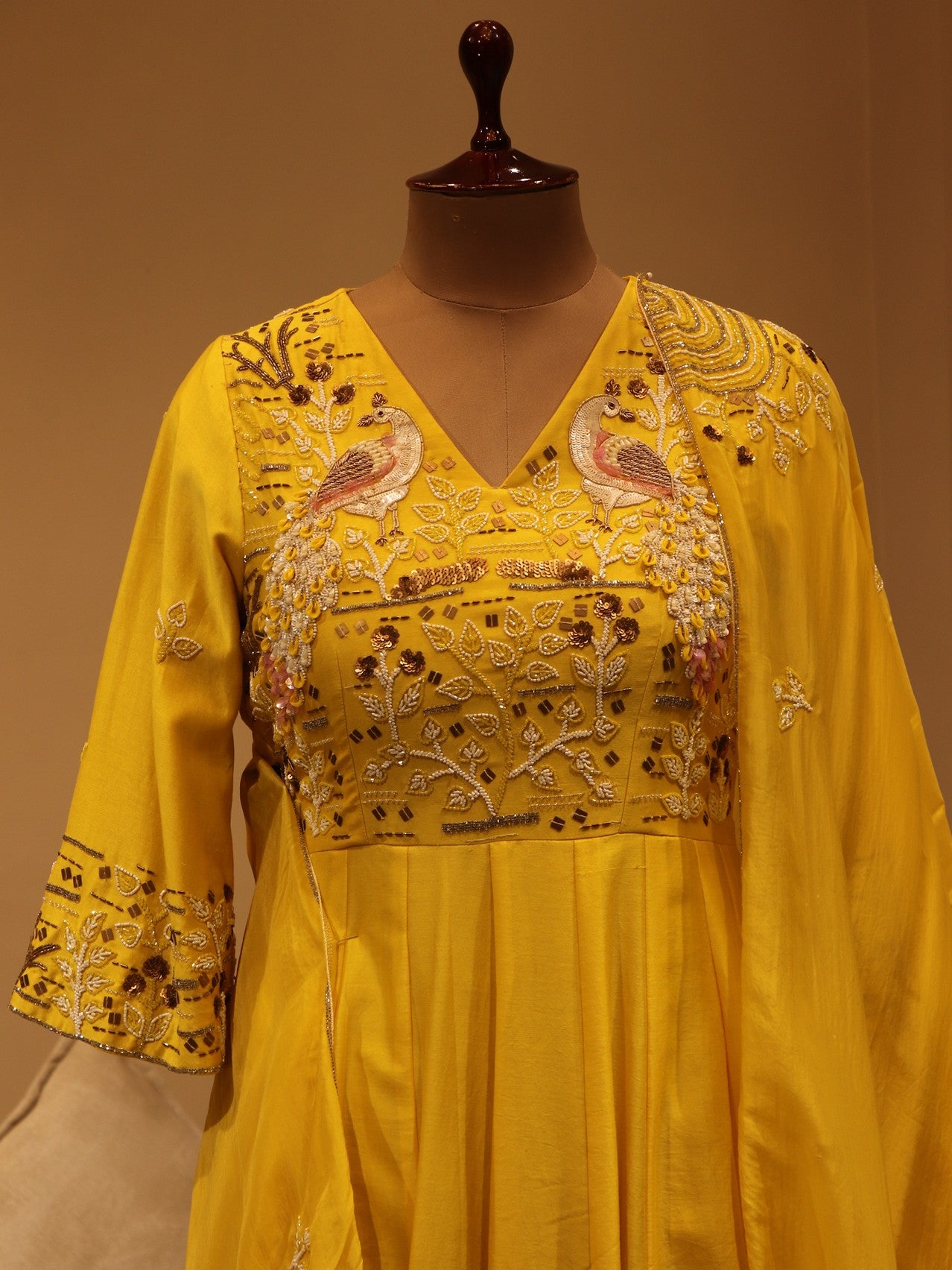 Yellow peacock anarkali with plazo and dupatta