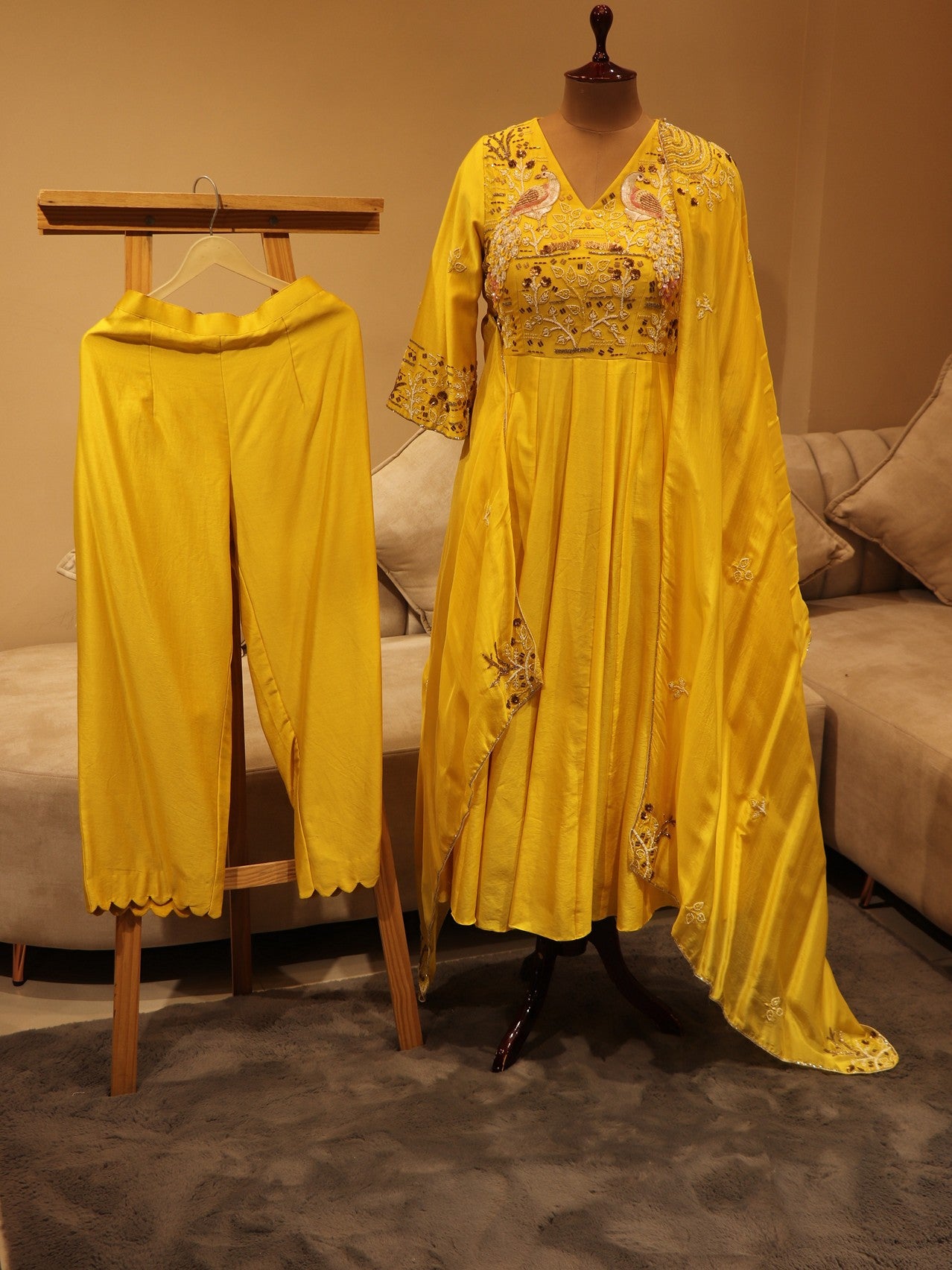 Yellow peacock anarkali with plazo and dupatta