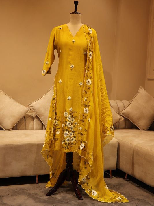 Greenish yellow handpainted kurta pants dupatta