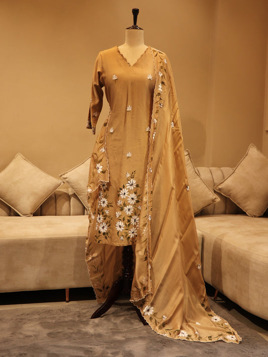 Beige handpainted kurta pants dupatta