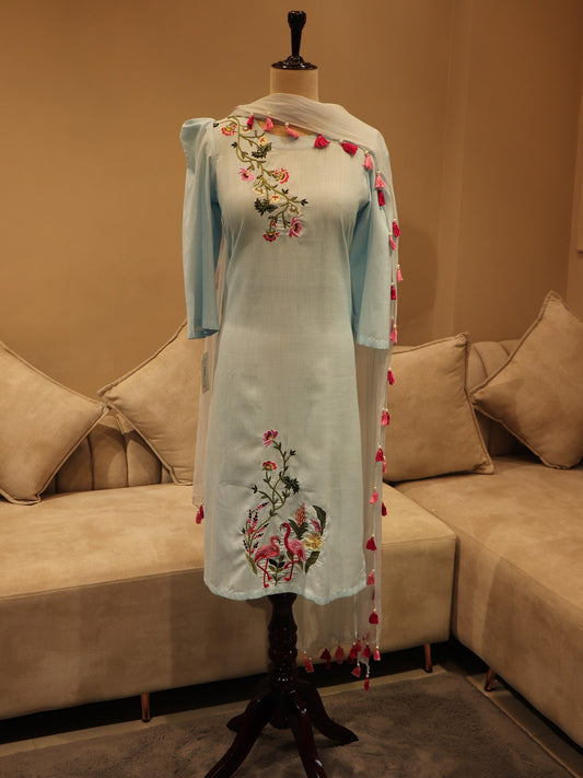 Powder blue embroidered kurta pants dupatta