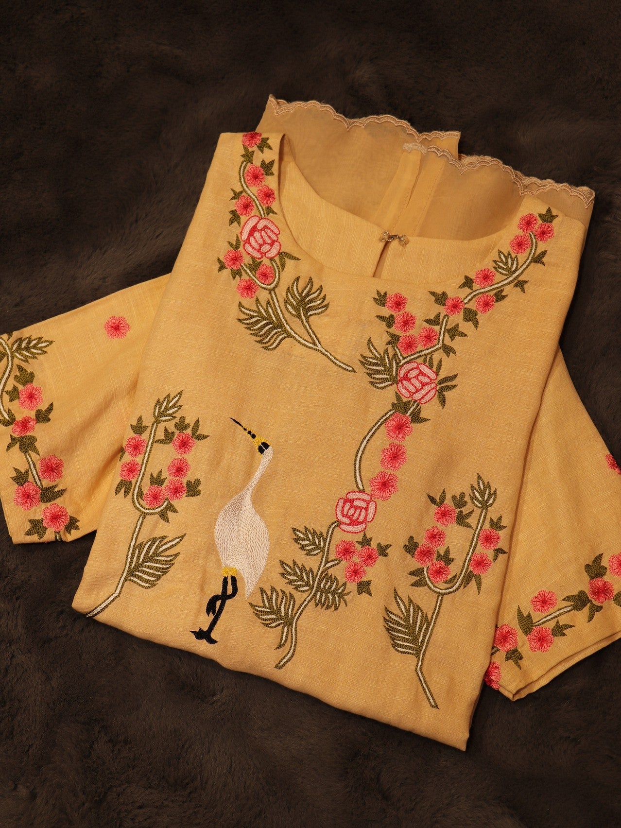 Beige cotton embroidered kurta pants