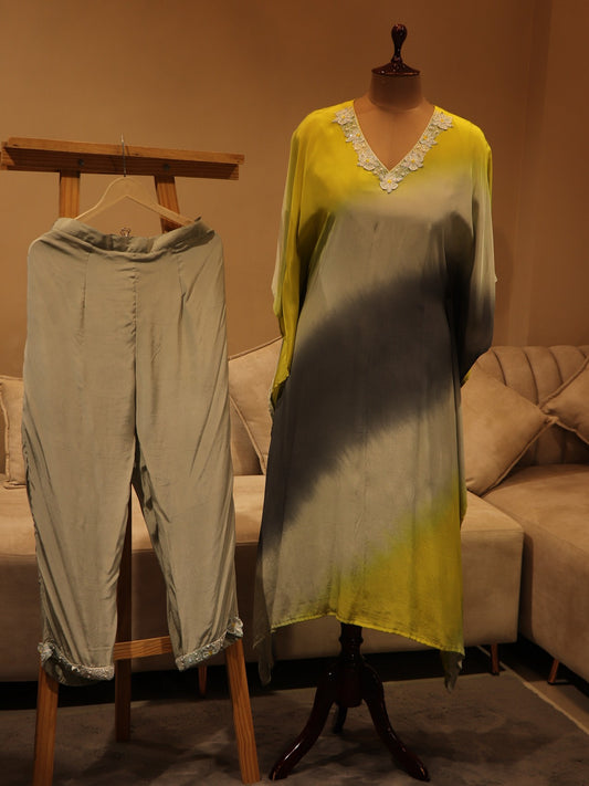 Shaded green gray kaftan with pants