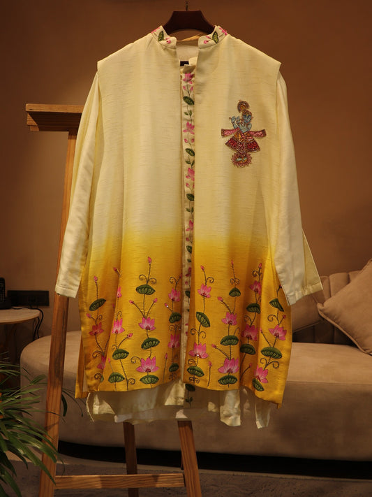 Yellow shaded pichwai shreenathji mens kurta jacket with pants