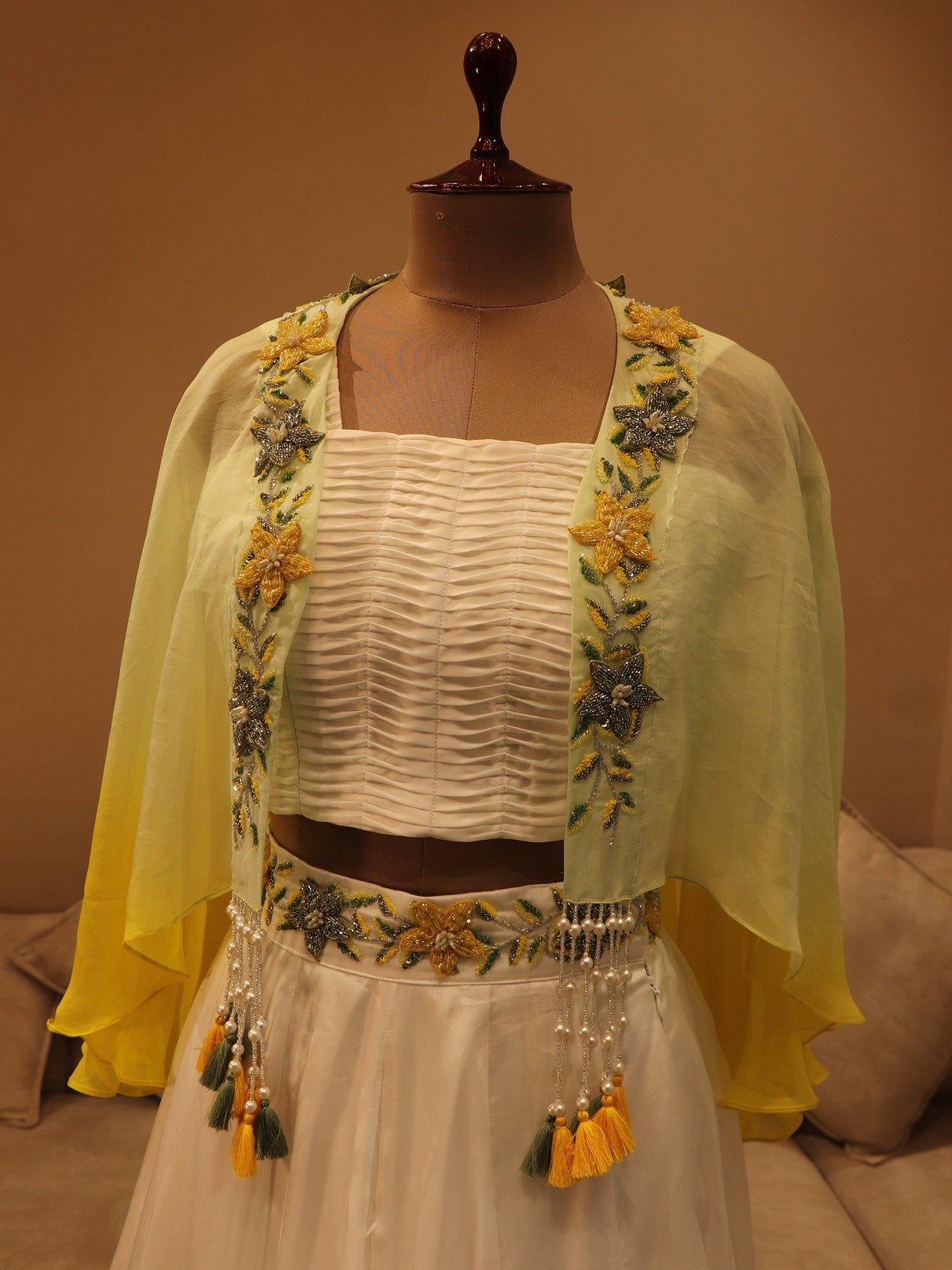 White sunflower hand painted crop top cape skirt