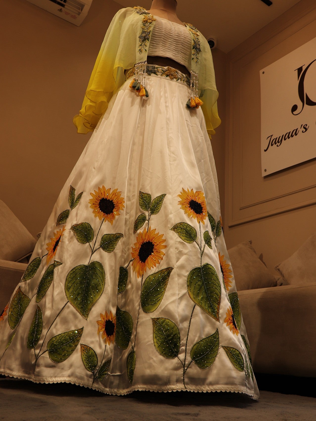 White sunflower hand painted crop top cape skirt