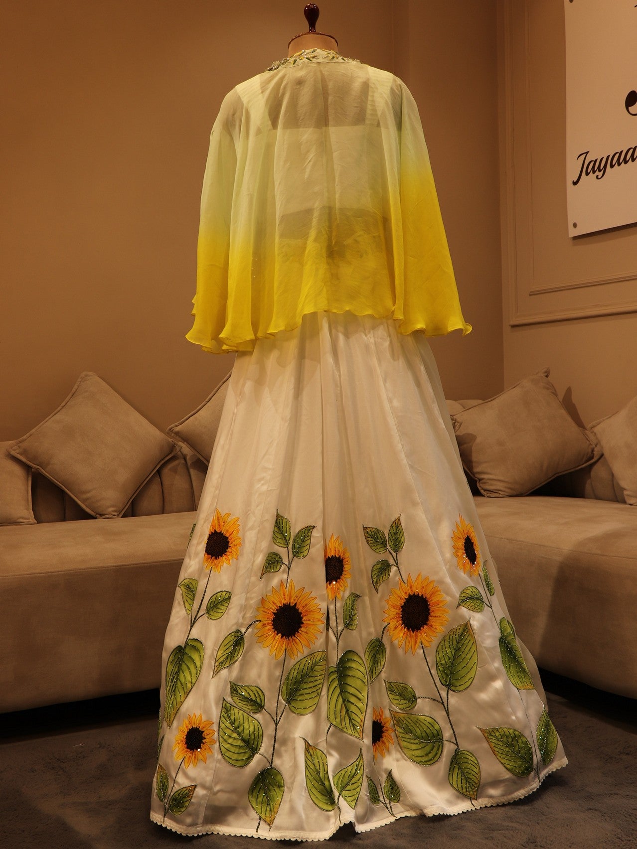 White sunflower hand painted crop top cape skirt