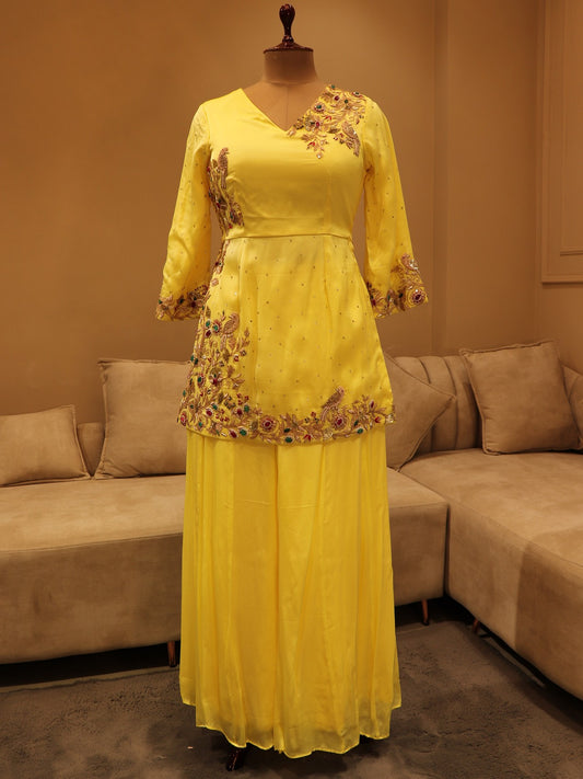 Lemon yellow zardosi peplum top with plazo