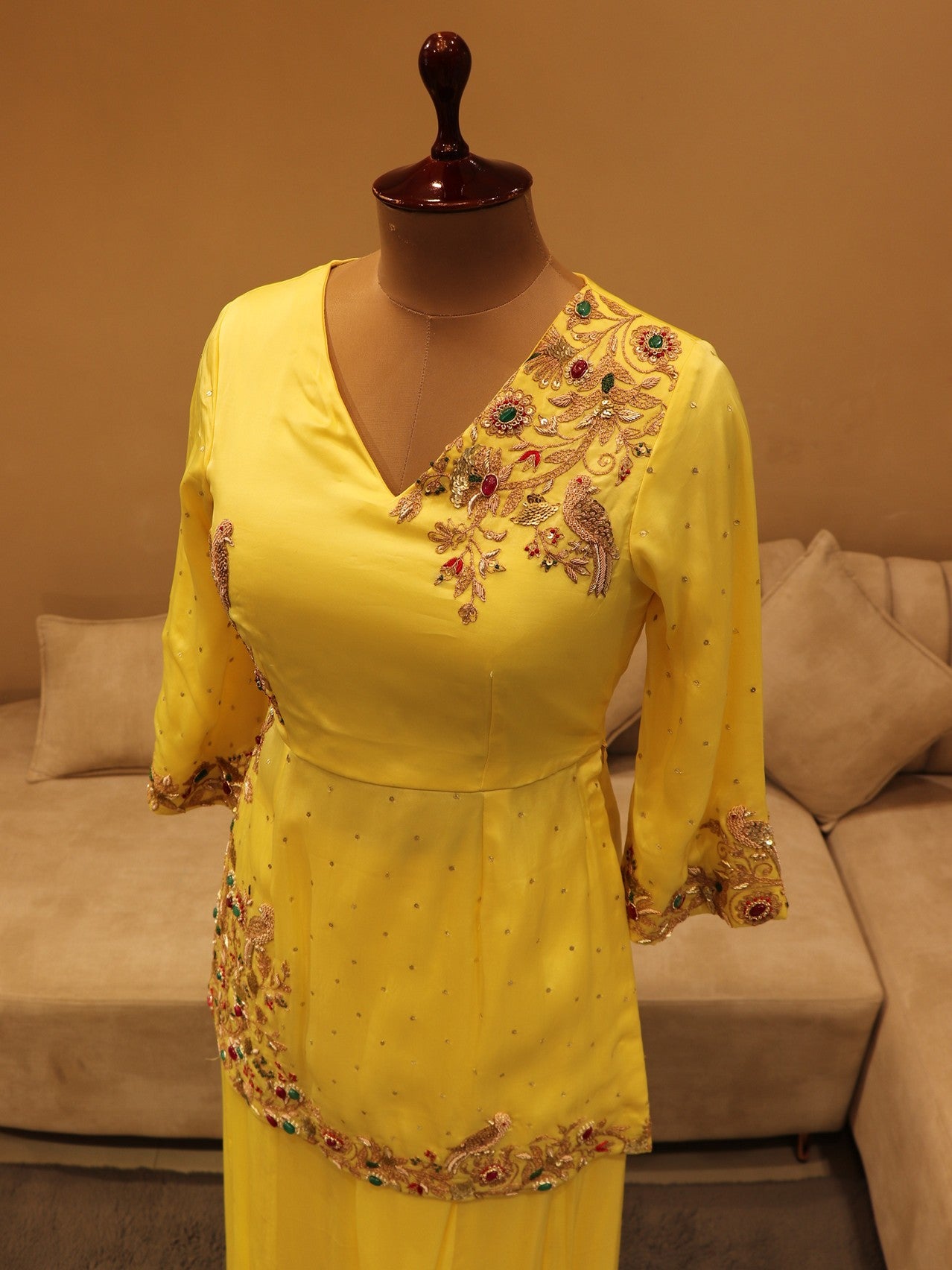 Lemon yellow zardosi peplum top with plazo