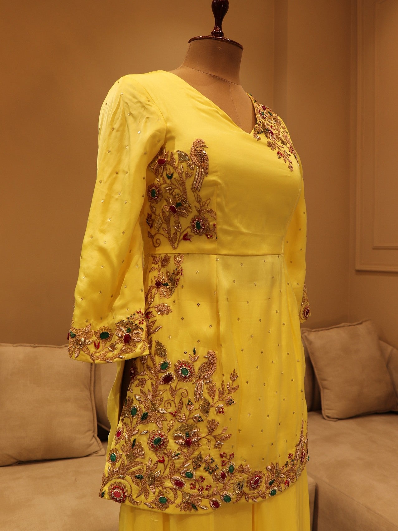 Lemon yellow zardosi peplum top with plazo