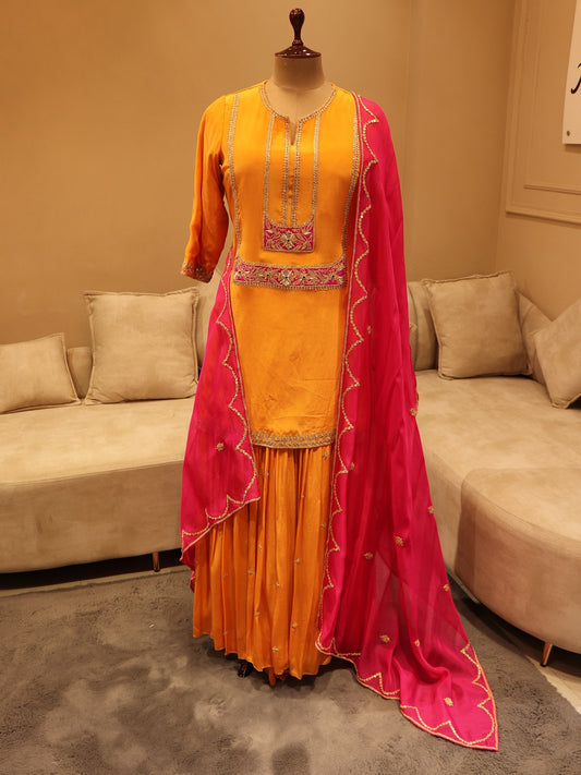 Rust orange kurta with plazo and dupatta