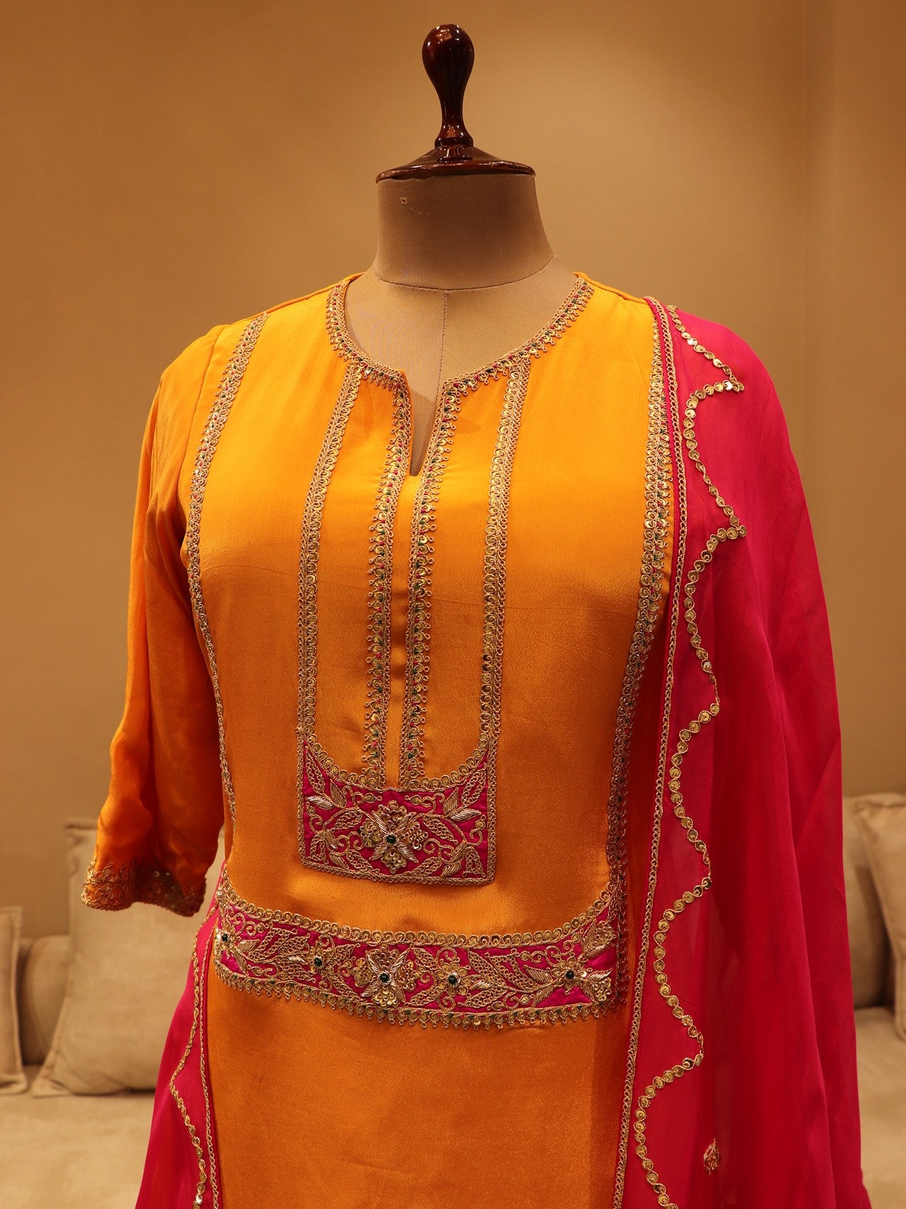 Rust orange kurta with plazo and dupatta