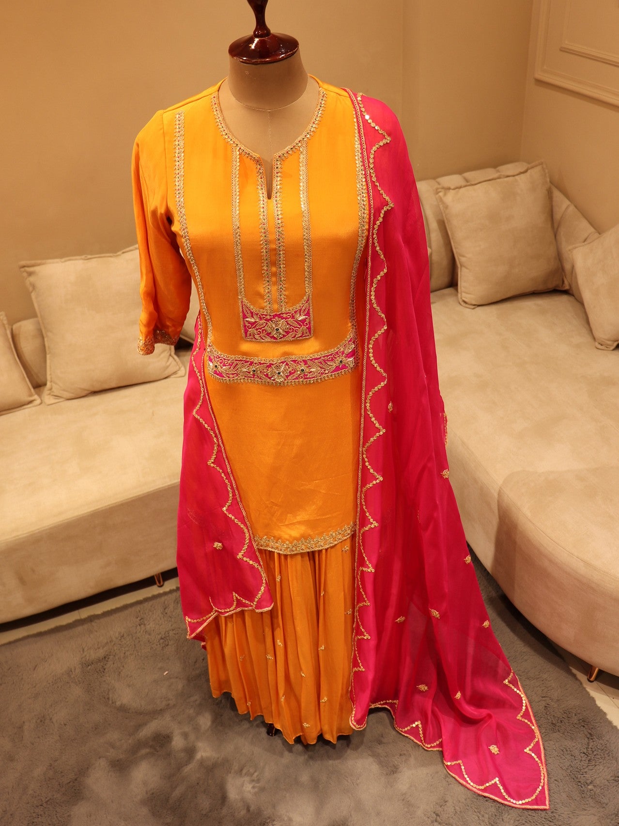 Rust orange kurta with plazo and dupatta