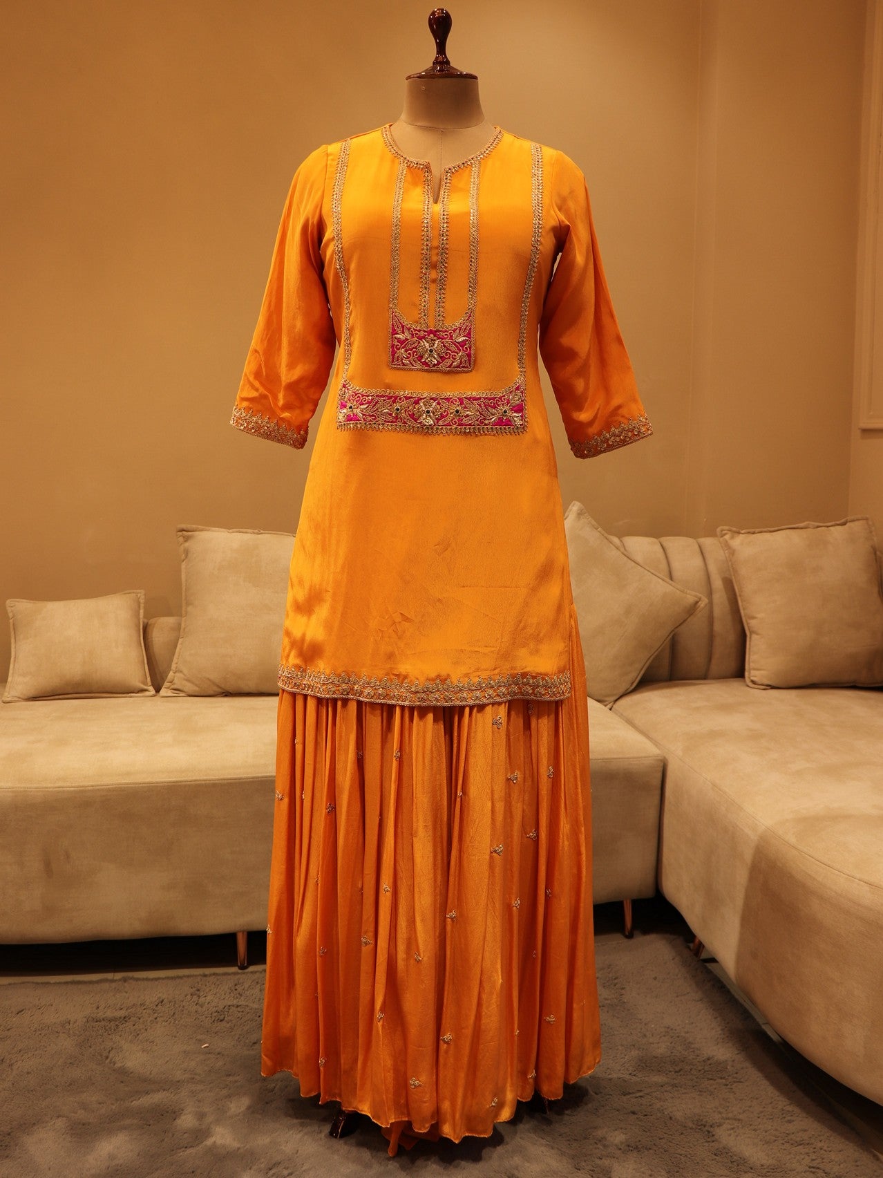 Rust orange kurta with plazo and dupatta