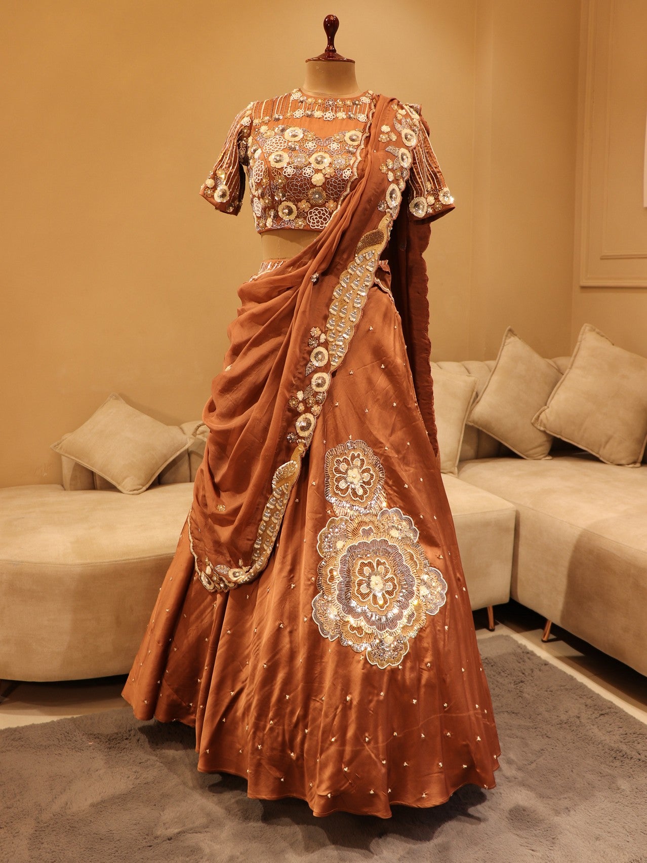 cherry wood brown lehenga with drape dupatta