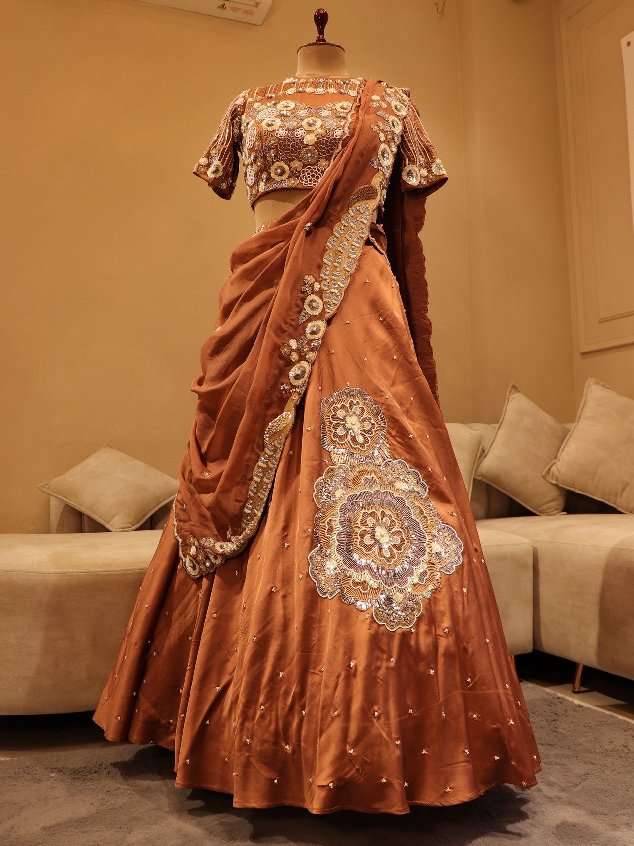 cherry wood brown lehenga with drape dupatta