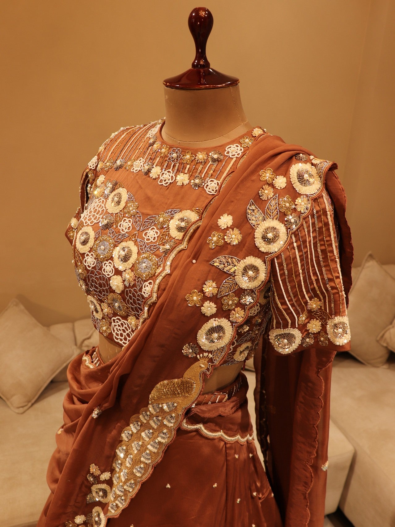 cherry wood brown lehenga with drape dupatta