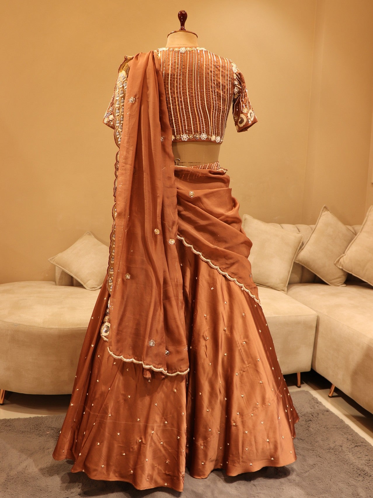 cherry wood brown lehenga with drape dupatta