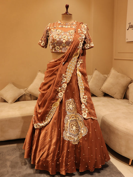 cherry wood brown lehenga with drape dupatta