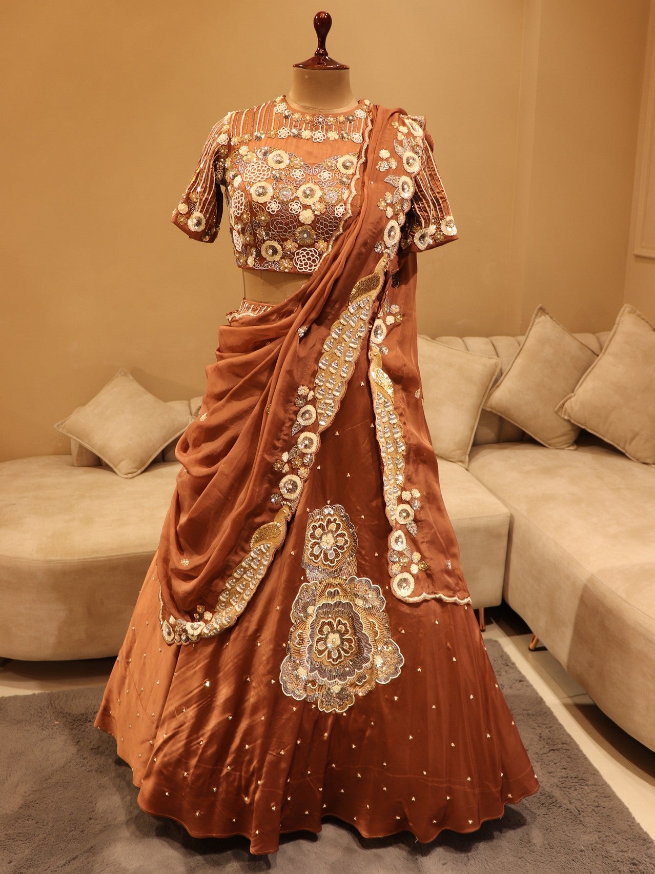 cherry wood brown lehenga with drape dupatta