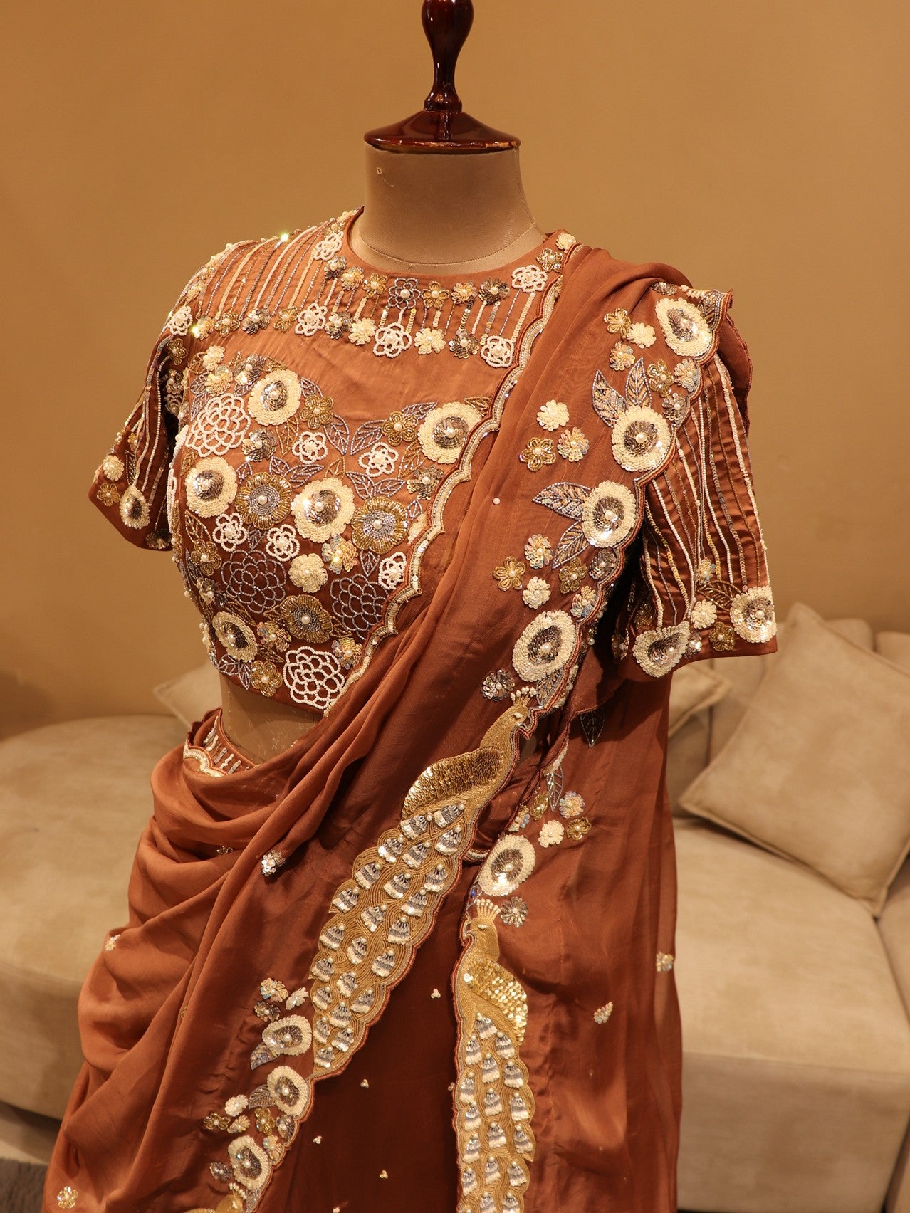 cherry wood brown lehenga with drape dupatta