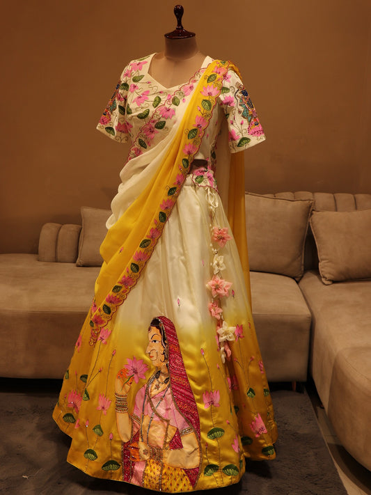 Mustard yellow shaded ragini pichwai lehenga