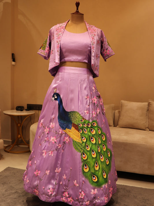 Mauve Hand painted peacock crop top with shrug