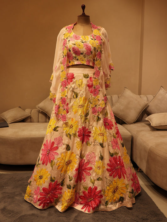 Pastel peach hand painted lehenga set