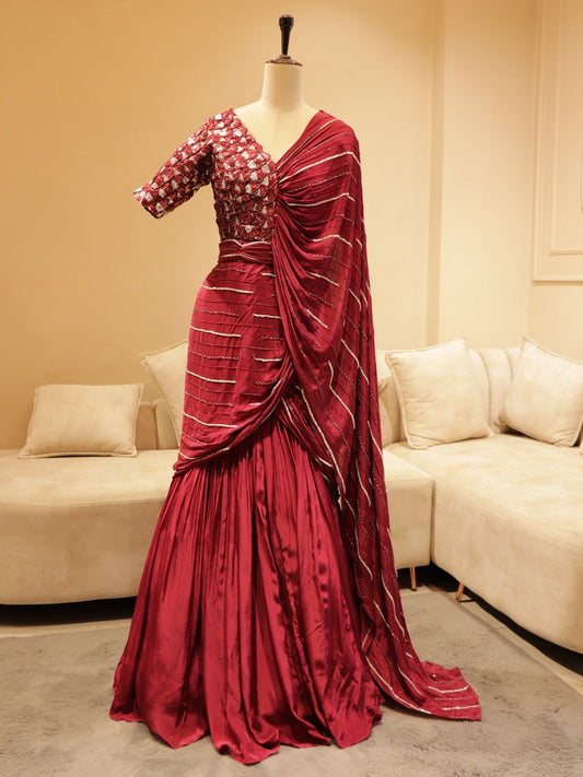 Maroon 3d flowers drape saree gown