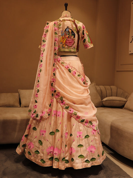 Blush pink pichwai radha krishna hand painted lehenga