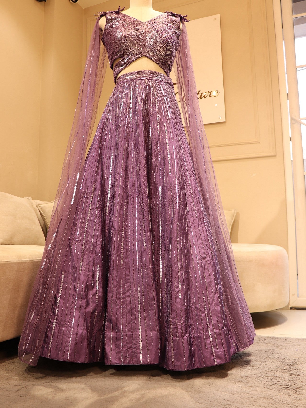 Mauve embroidered crop top skirt set