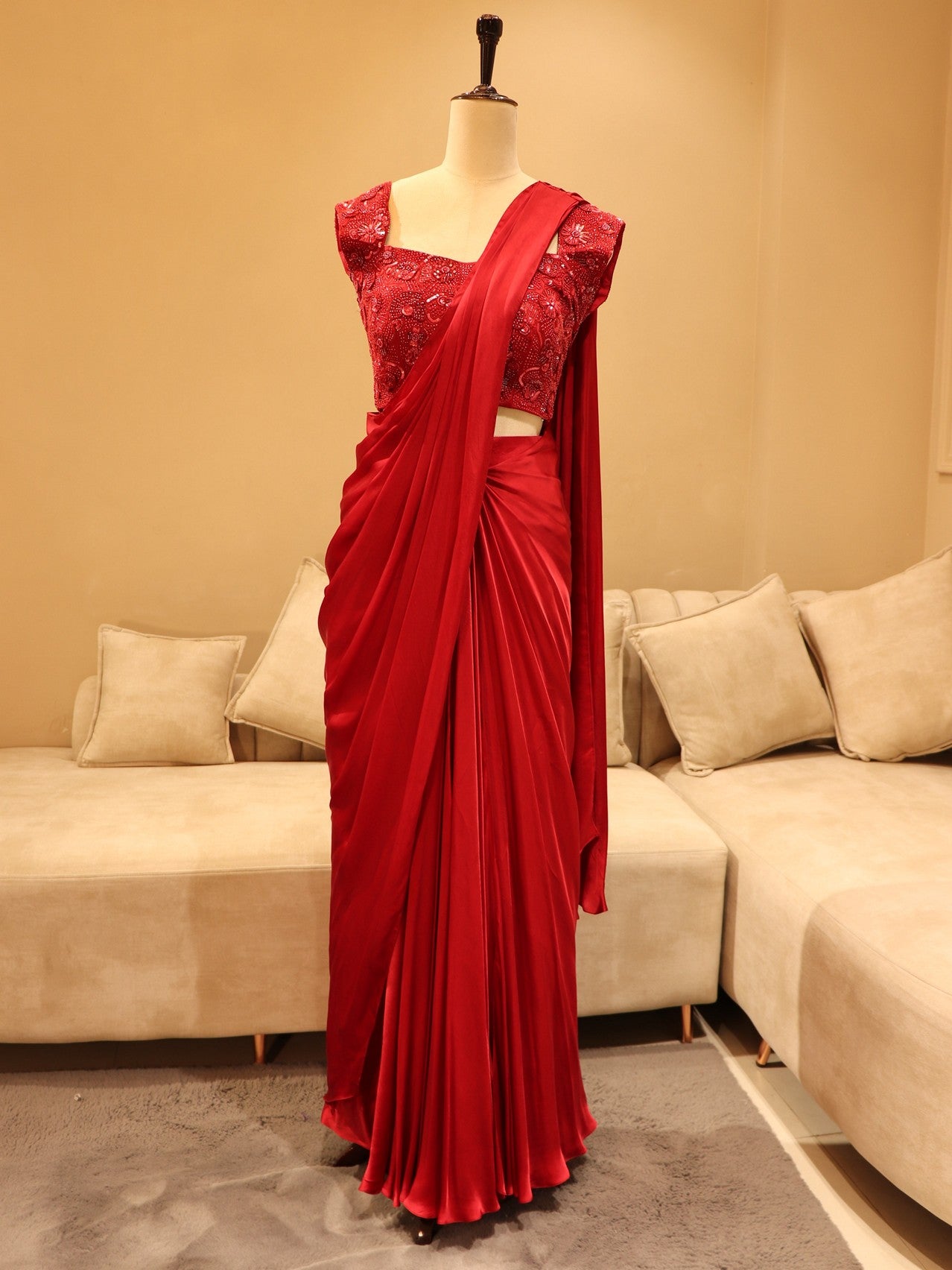 Hot red pre drape saree