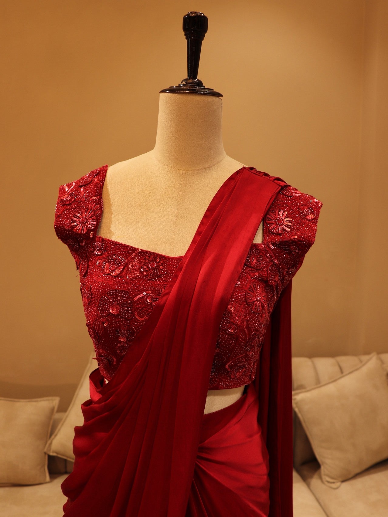 Hot red pre drape saree