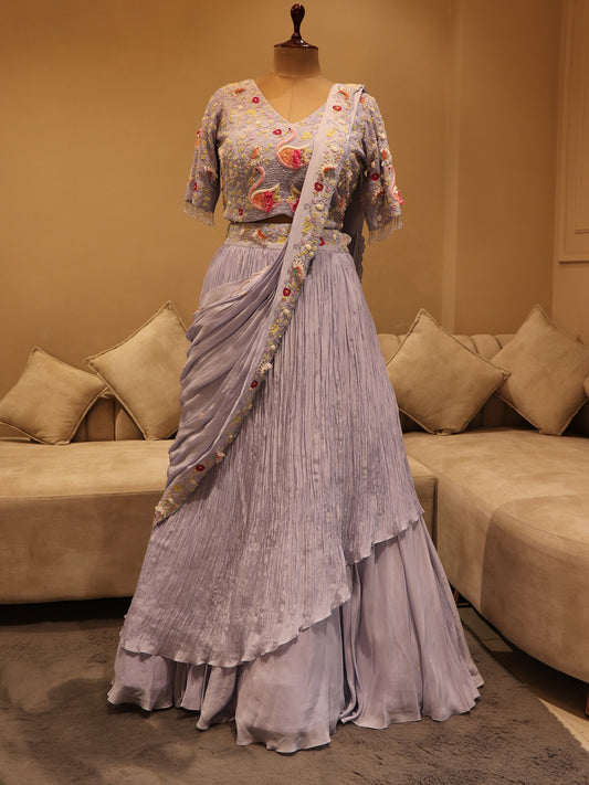 Ice blue swans crushed lehenga set