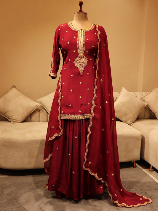 Deep maroon kurta flaired pants with dupatta