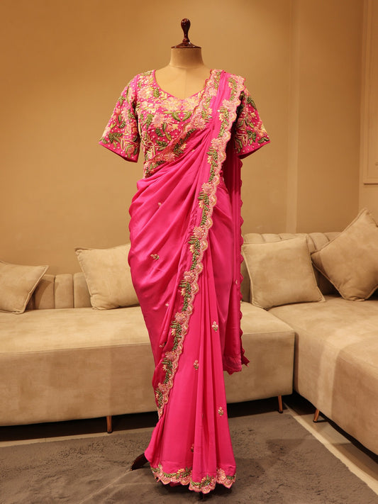 Fuscia pink embroidered saree