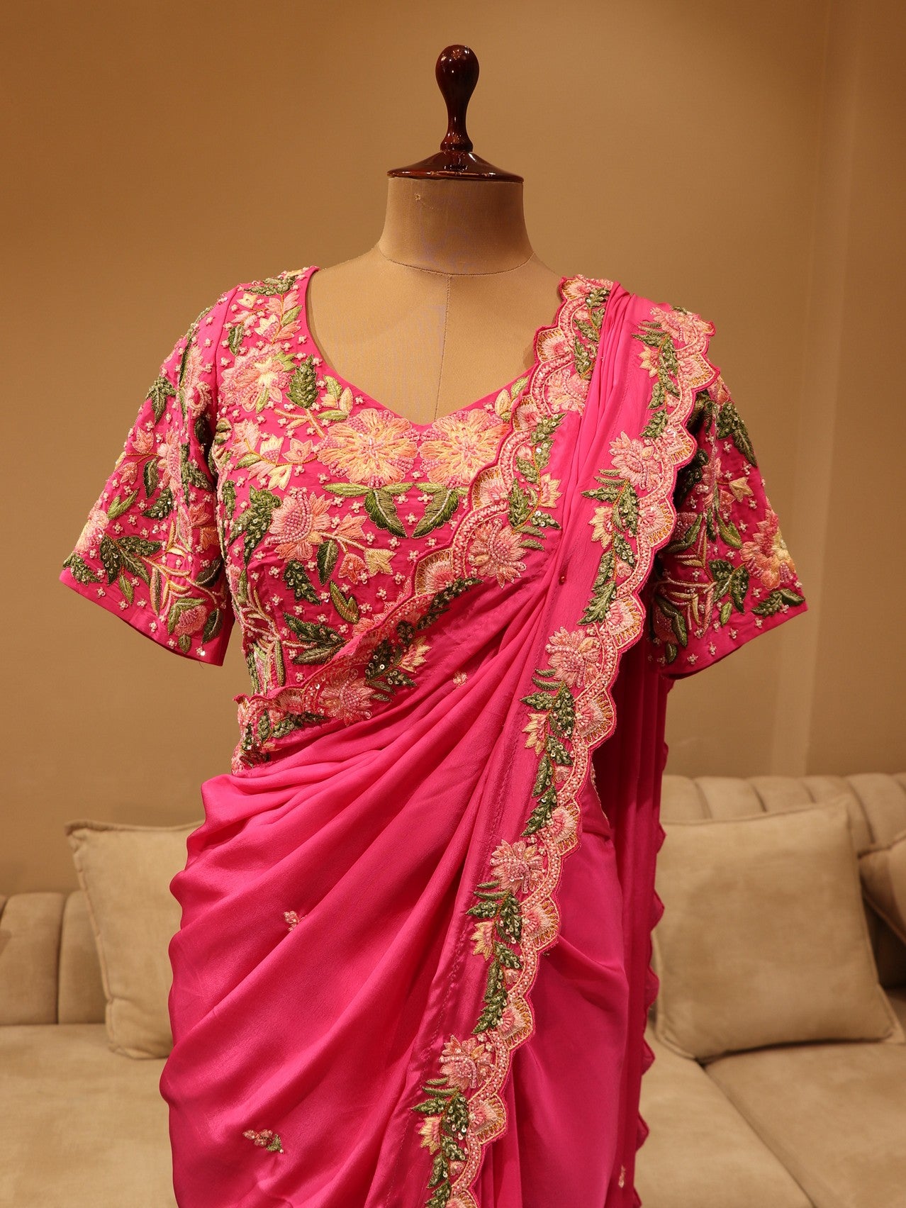 Fuscia pink embroidered saree