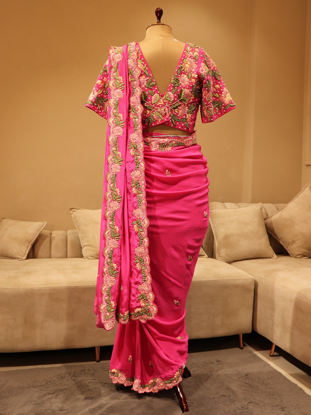 Fuscia pink embroidered saree