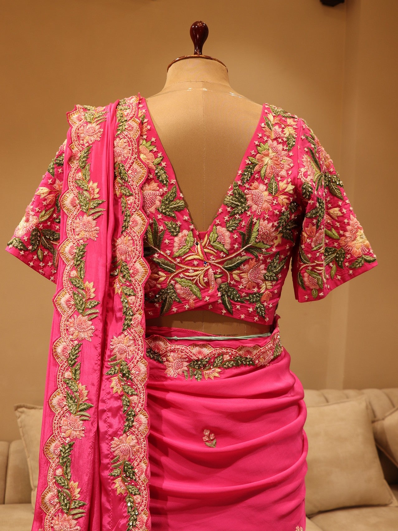 Fuscia pink embroidered saree