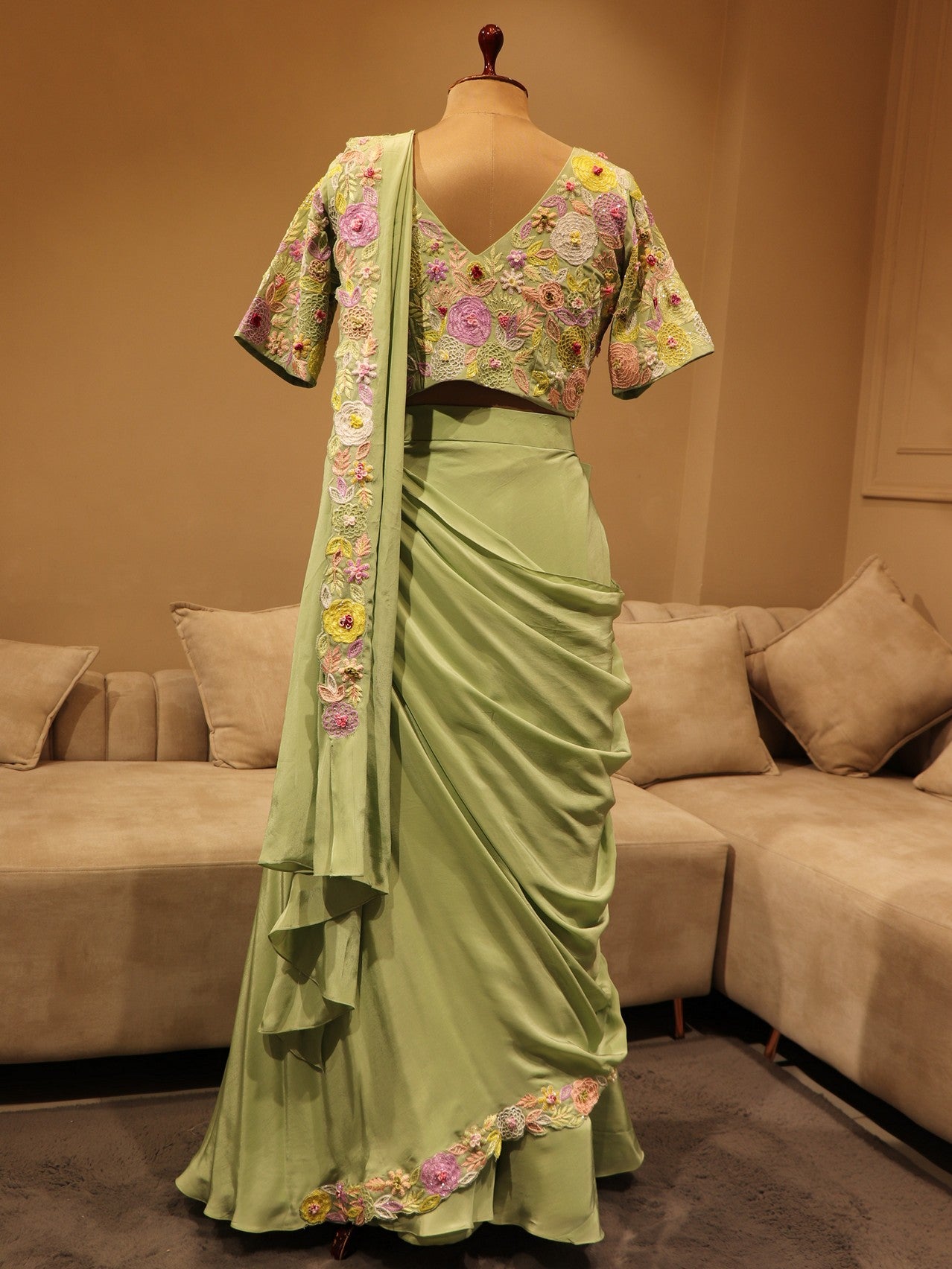 Mint green drape saree