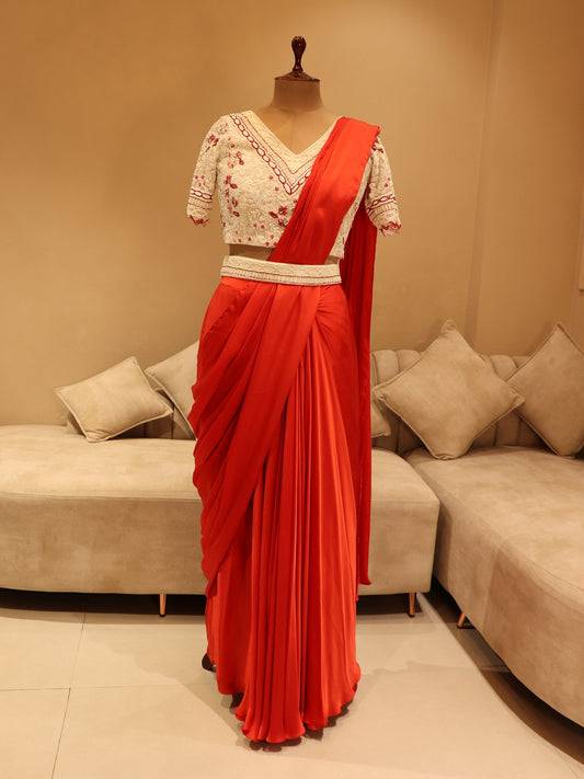 Off white red drape saree