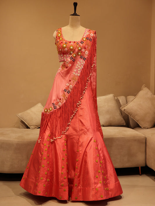 Peach ombre shaded crop top skirt with drape dupatta